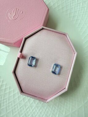 Swarovski Blue Crystal Stud Earrings Emerald Cut Elegant Gift